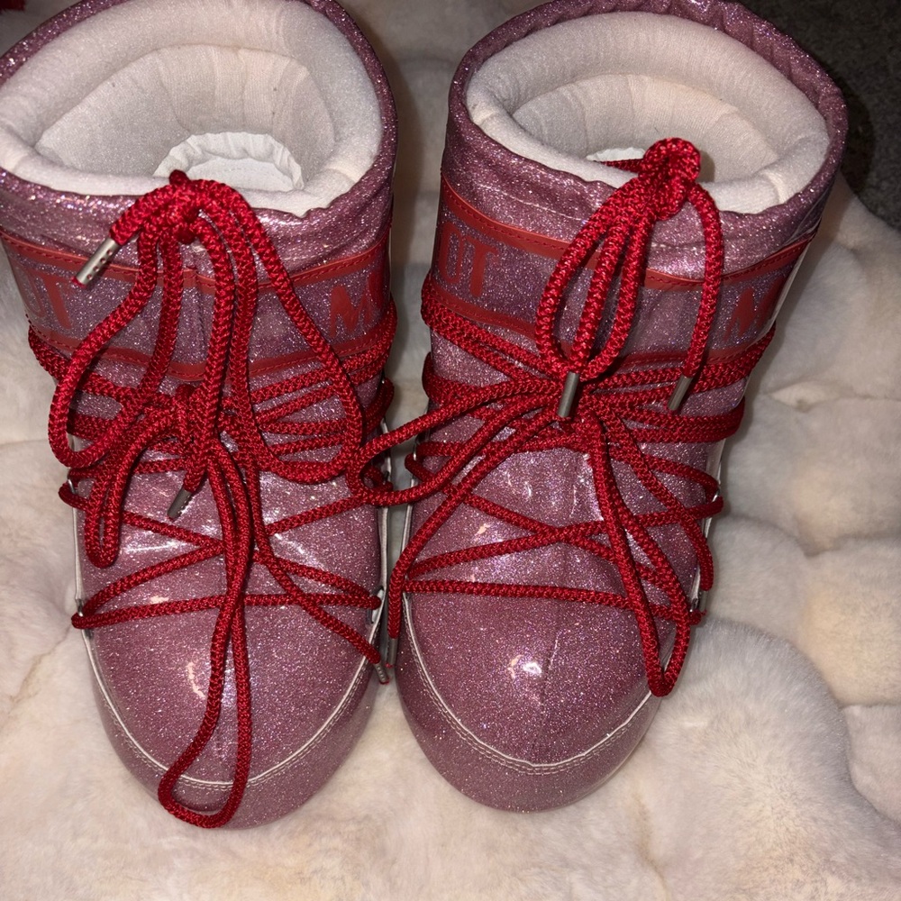 Sparkly Pink Boots with Red Laces